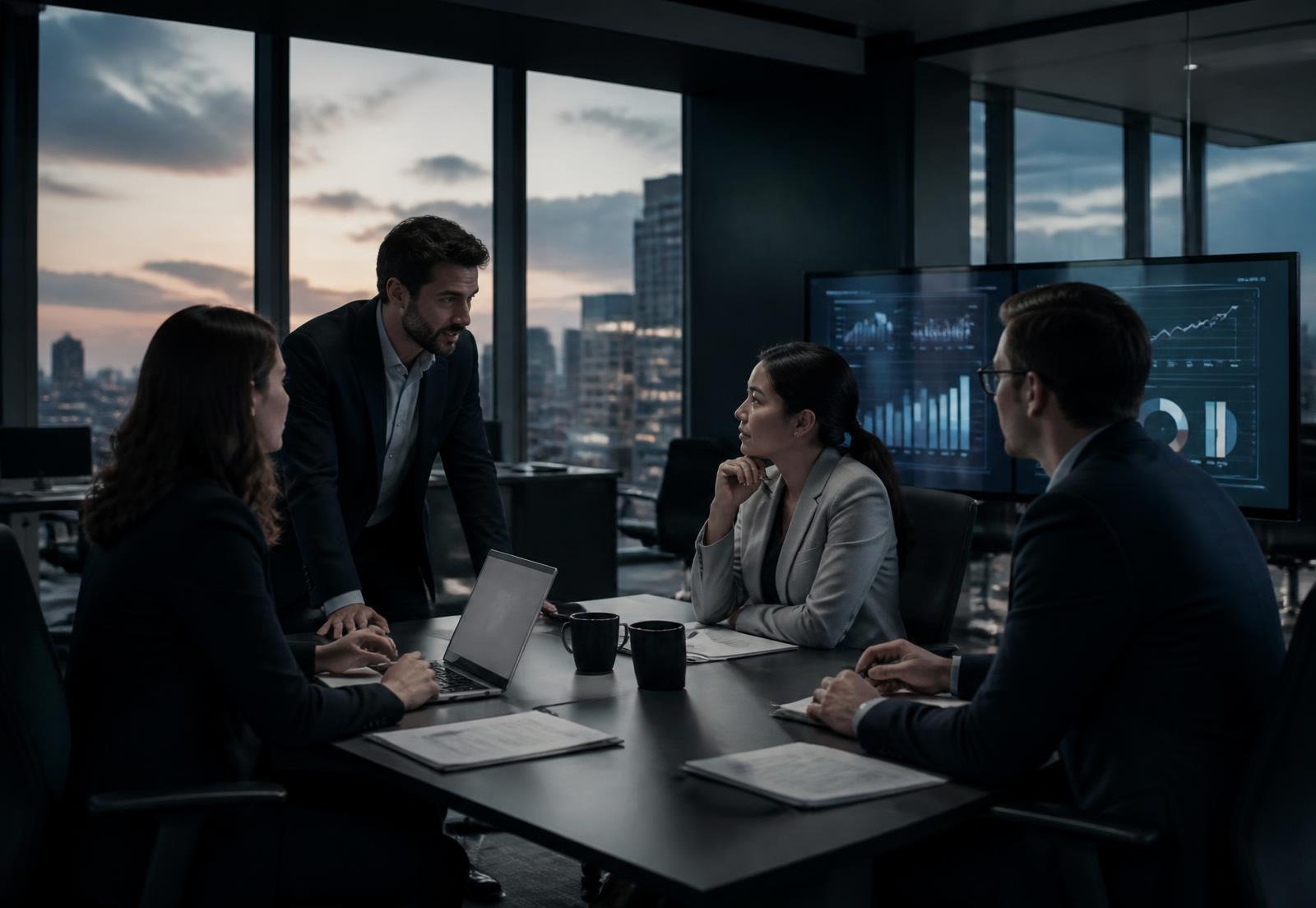 Business professionals reviewing technology information in a modern office